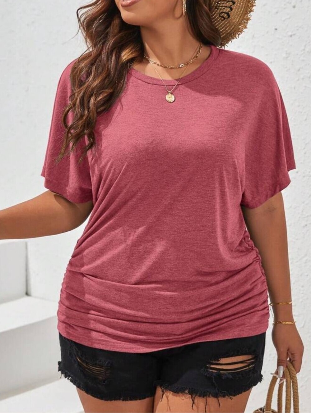 SHEIN Rose Short Sleeve Side-Ruched Tee